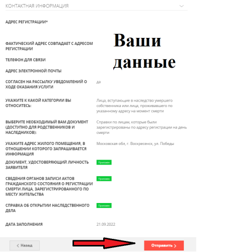 Вам откроется окно "Предпросмотр". Проверьте правильность заполнения данных и нажмите "Отправить":